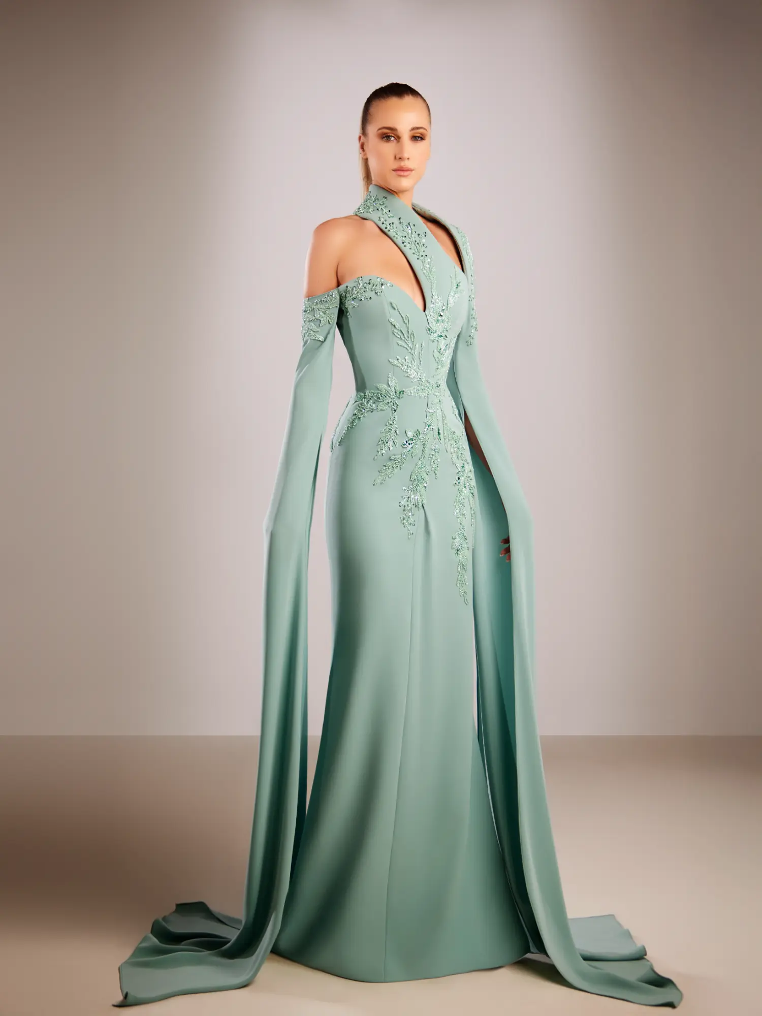 FW215- Sage green crepe gown Green US 01