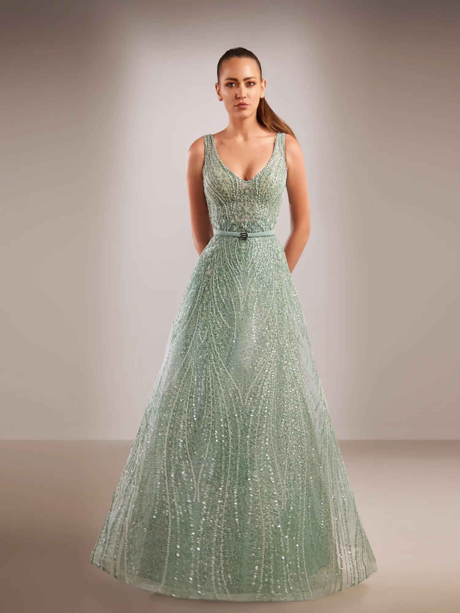 FW216- Sage green fully beaded  gown with V-necklineGreen US 01