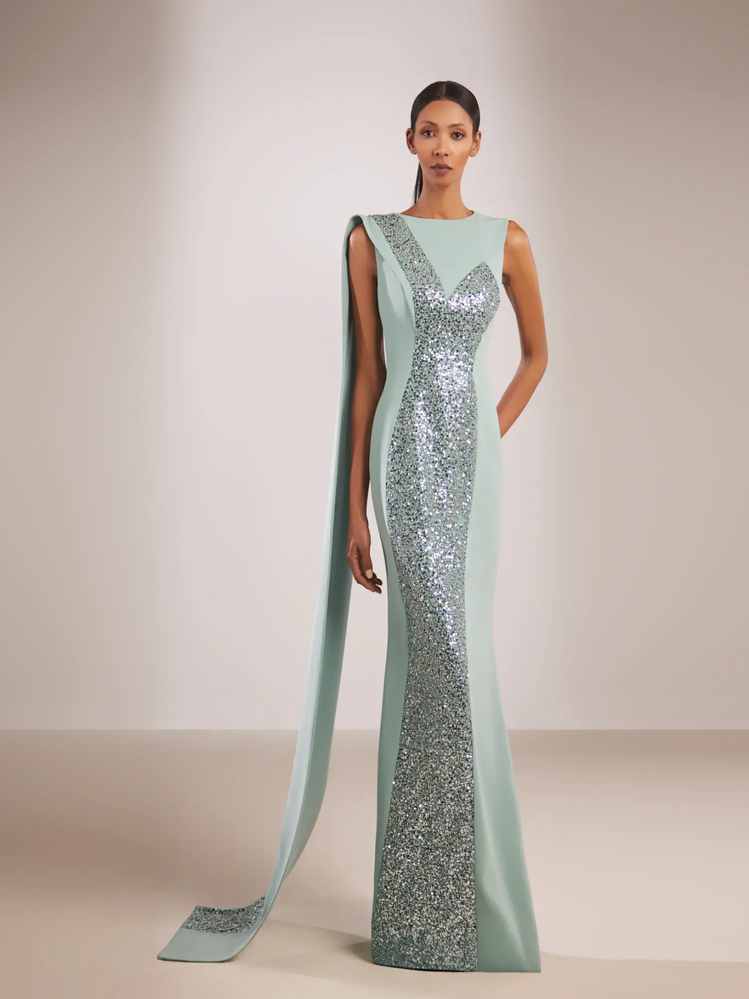 FW217-  Sage green crepe gown  with silveryGreen US 01