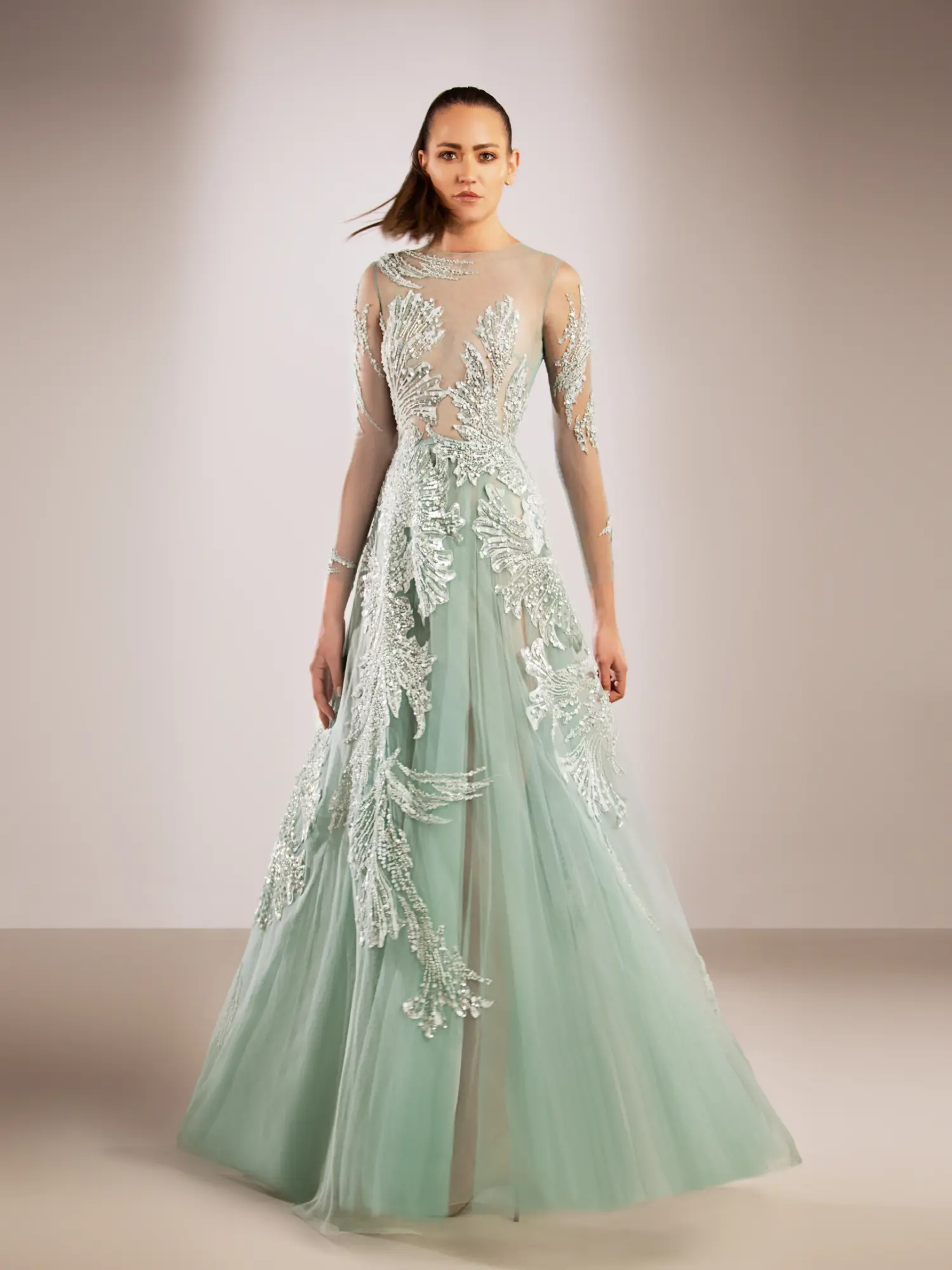 FW218-  Sage green gown with a flowing A-line skirtGreen US 01