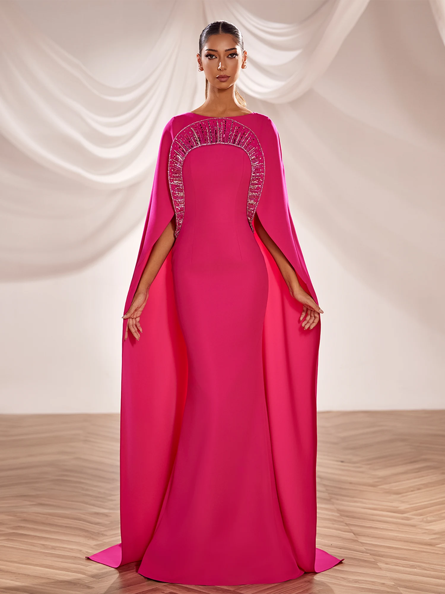 SS249-  Cape-sleeve fuchsia gownFuchsia US 01