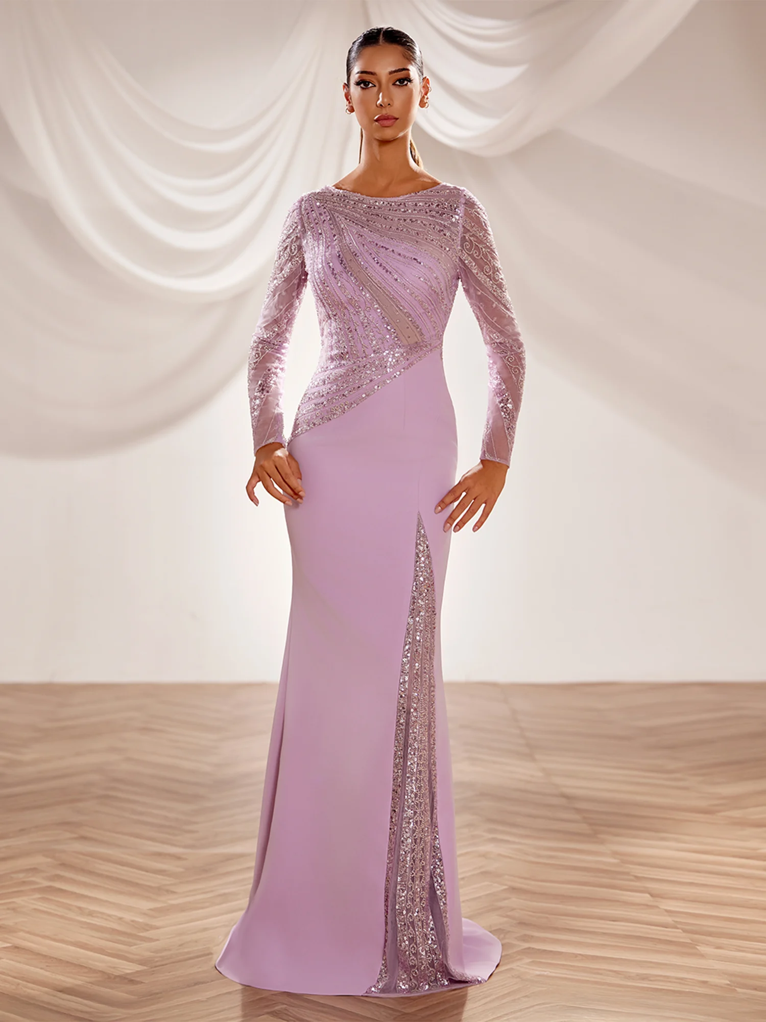 SS257-  Lilac gown with beaded  long sleevesLilac US 01